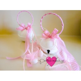 Μπομπονιέρα Βάπτισης Ροζ Κουδουνίστρες με Κορδέλες
